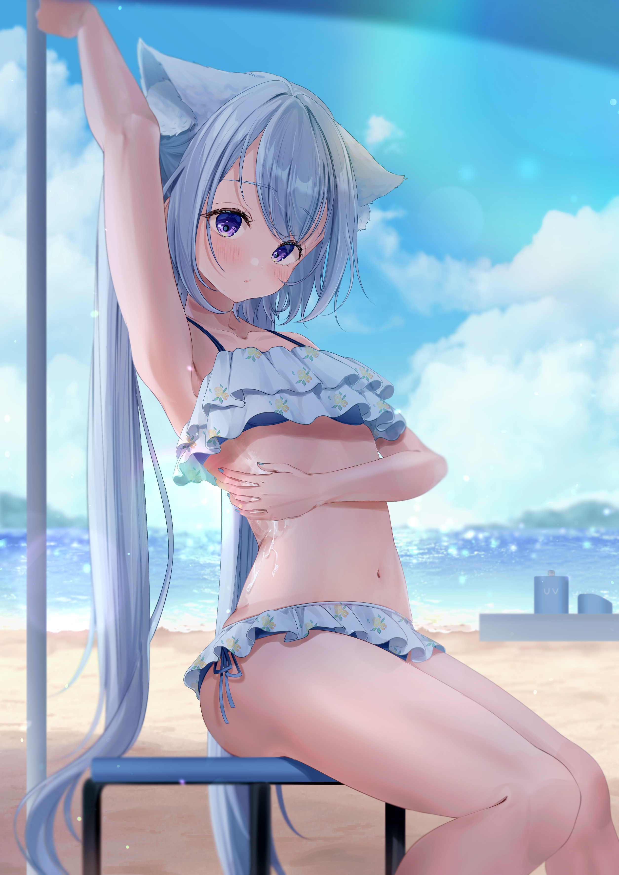 shagaihi, indie virtual youtuber, character request, 1girl, animal ear fluff, animal ears, applying sunscreen, arm up, bare arms, bare legs, beach, bikini, blue bikini, blue hair, blue nails, blue sky, breasts, cloud, collarbone, day, feet out of frame, frilled bikini, frills, from side, hair between eyes, knees together feet apart, lens flare, light blush, long hair, looking at viewer, looking to the side, nail polish, navel, ocean, outdoors, purple eyes, purple hair, sitting, sky, small breasts, solo, straight hair, swimsuit, twintails, very long hair, virtual youtuber, white bikini