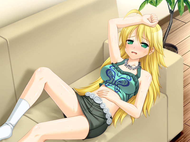 totokichi, hoshii miki, idolmaster, idolmaster (classic), idolmaster 1, bad id, bad pixiv id, 00s, 1girl, ahoge, arm up, blonde hair, casual, couch, female focus, green eyes, hand on own head, hot, jewelry, leg up, long hair, lying, midriff, miniskirt, necklace, on back, pencil skirt, plant, potted plant, skirt, solo, sweat, tank top