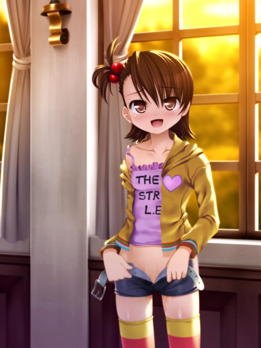 totokichi, futami ami, idolmaster, idolmaster (classic), idolmaster 1, multicolored legwear, bad id, bad pixiv id, highres, 00s, 1girl, belt, belt buckle, blush, breasts, brown eyes, brown hair, buckle, collarbone, dot nose, feet out of frame, female focus, hair bobbles, hair ornament, heart, indoors, loli, looking at viewer, no pupils, off shoulder, one side up, open clothes, open fly, open mouth, pussy juice, shiny skin, short hair, shorts, skindentation, small breasts, solo, standing, striped clothes, striped thighhighs, thighhighs, undressing, window