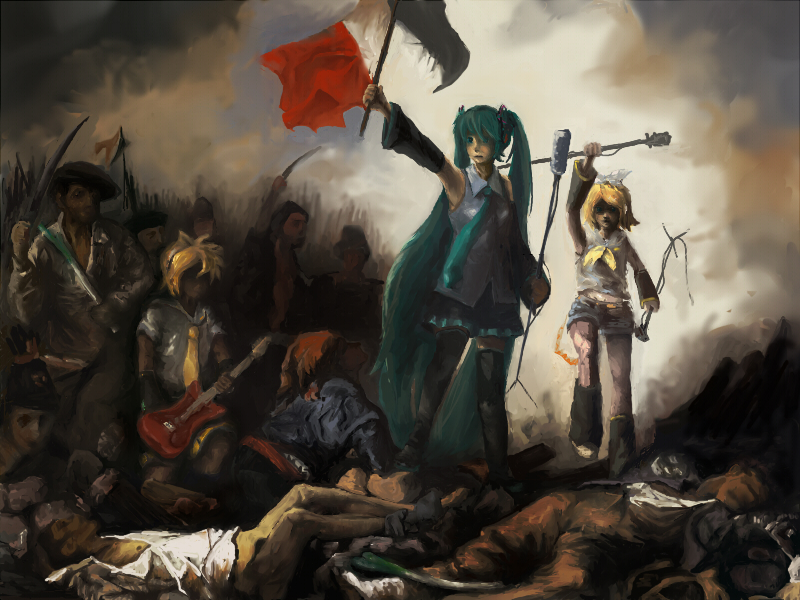 nia (artist), nia (four winds), hatsune miku, kagamine len, kagamine rin, liberty leading the people, vocaloid, 2girls, 6+boys, aqua hair, fine art parody, french revolution, guitar, instrument, multiple boys, multiple girls, parody, spring onion, thighhighs