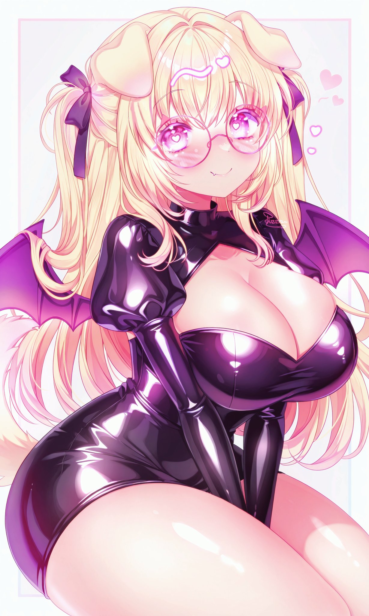 dissociatedcat, original, commentary, english commentary, highres, 1girl, animal ears, arms between legs, bat wings, black bodysuit, blonde hair, blush, bodysuit, border, breasts, bright pupils, cleavage, cleavage cutout, closed mouth, clothing cutout, cowboy shot, crossed bangs, curvy, dog ears, dog girl, fang, floppy ears, glasses, hair ribbon, heart, heart-shaped pupils, juliet sleeves, large breasts, latex, latex bodysuit, long hair, long sleeves, looking at viewer, outside border, pink background, pink eyes, puffy sleeves, purple ribbon, ribbon, round eyewear, sitting, skin fang, smile, solo, symbol-shaped pupils, thick thighs, thighs, white border, white pupils, wings