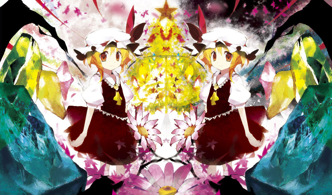 tsuki yuuhi, flandre scarlet, touhou, 1girl, ascot, blonde hair, crystal, female focus, flower, frills, full body, hat, hat ribbon, leaf, looking at viewer, mob cap, puffy short sleeves, puffy sleeves, red eyes, ribbon, short hair, short sleeves, side ponytail, solo, standing, star (symbol), symmetry
