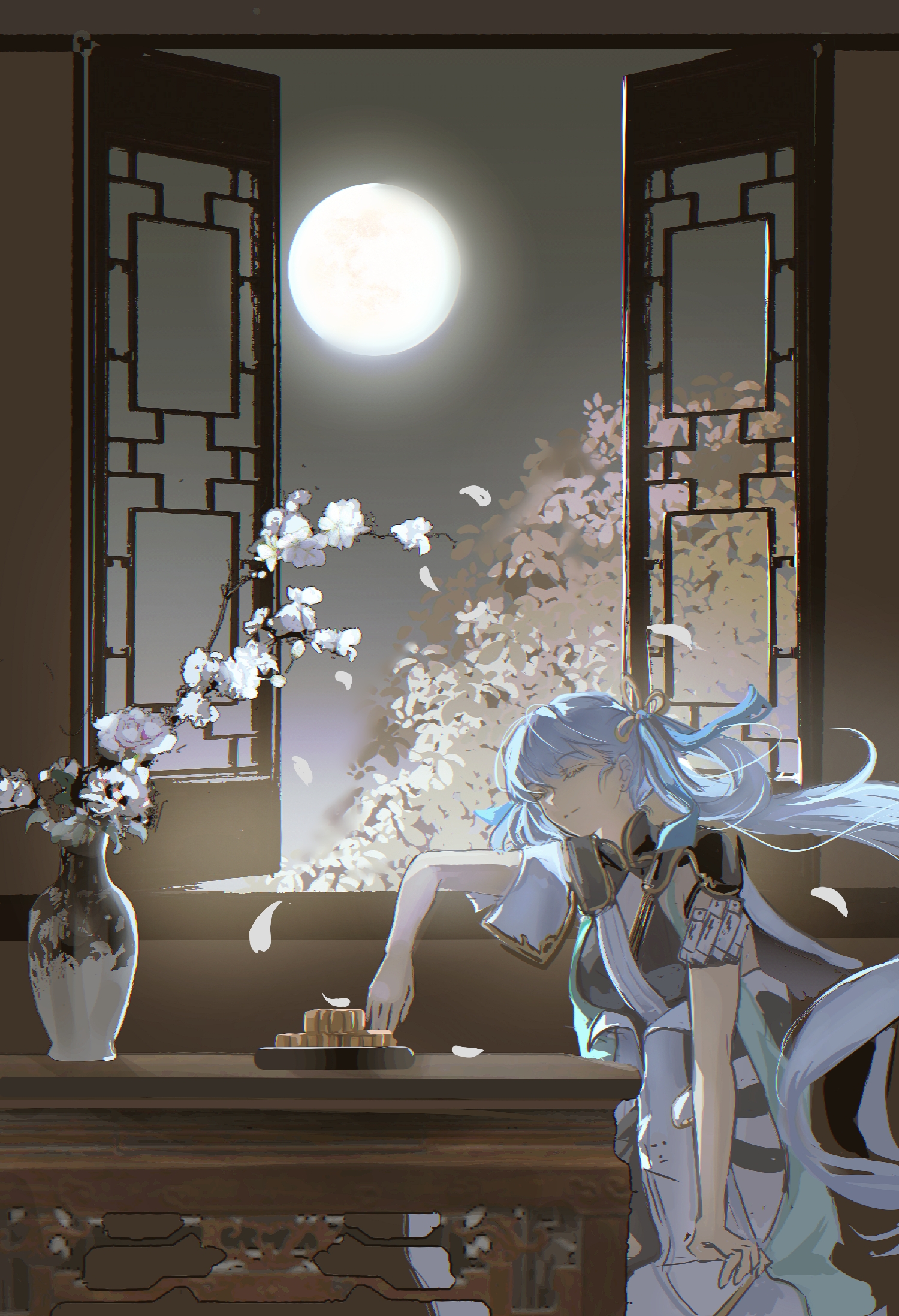 minglu (gululu), jinhsi (wuthering waves), wuthering waves, highres, 1girl, architecture, black collar, black dress, bow, breasts, coat, collar, colored eyelashes, dress, earrings, east asian architecture, full moon, hair bow, hair ornament, hair rings, indoors, jewelry, long hair, medium breasts, missing commentary, mole, mole on cheek, moon, night, open window, sitting, smile, solo, twintails, very long hair, white coat, white eyelashes, white hair, white petals, window