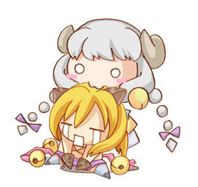 cat (trickster), sheep (trickster), trickster (ntreev soft), lowres, 10s, :3, animal ears, bell, biting, blonde hair, bow, braid, cat ears, chibi, glomp, gloves, head biting, horns, hug, o o, ribbon, tears, twin braids, twintails, white hair