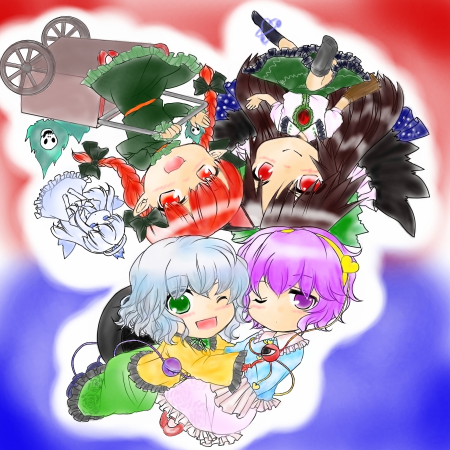 haruyama inchou, kaenbyou rin, komeiji koishi, komeiji satori, reiuji utsuho, zombie fairy (touhou), touhou, black legwear, bad id, bad pixiv id, colorized, 5girls, :3, black hair, blue hair, braid, chibi, female focus, green eyes, hair ornament, hat, hug, long hair, multiple girls, no nose, one eye closed, open mouth, pointy ears, purple eyes, purple hair, red eyes, red hair, short hair, skirt, third eye, twin braids, unworn hat, unworn headwear, upside-down, wheelbarrow