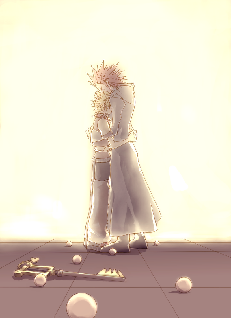illbewaiting, axel (kingdom hearts), roxas, kingdom hearts, kingdom hearts ii, commentary, english commentary, 2boys, black boots, black coat, black coat (kingdom hearts), blonde hair, boots, closed eyes, coat, from side, full body, hand on another's head, height difference, hug, jacket, keyblade, long coat, male focus, multiple boys, orb, outdoors, red hair, short hair, spiked hair, standing, twilight, weapon on floor, white jacket, yaoi, yellow theme