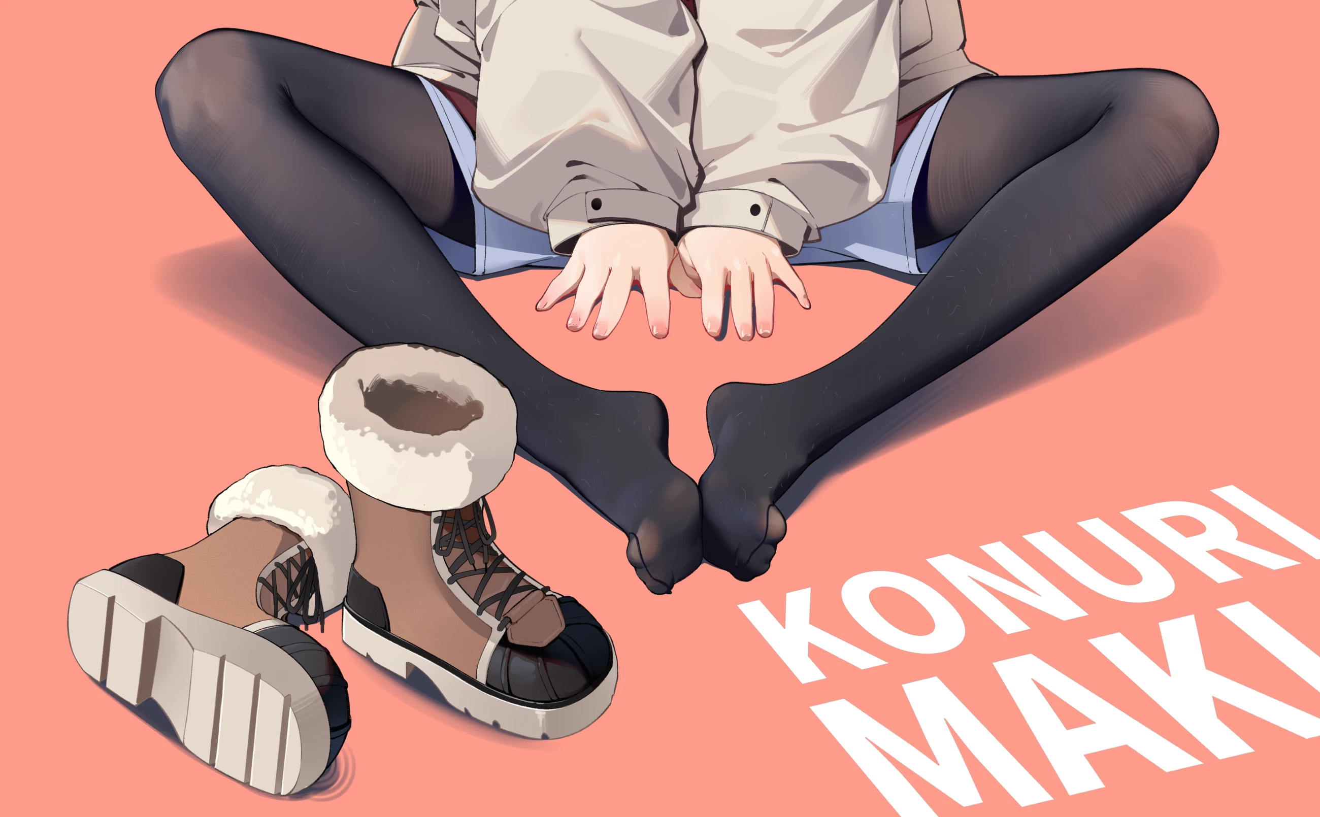 painterliuhao, maki (blue archive), maki (camp) (blue archive), blue archive, chinese commentary, highres, 1girl, between legs, black pantyhose, blue shorts, boots, brown boots, brown jacket, character name, feet, fingernails, hand between legs, jacket, knees apart feet together, legs, long sleeves, lower body, no shoes, official alternate costume, pantyhose, puffy long sleeves, puffy sleeves, red background, shadow, shoe soles, shorts, simple background, sitting, solo, spread legs, toe seam, toes, unworn boots