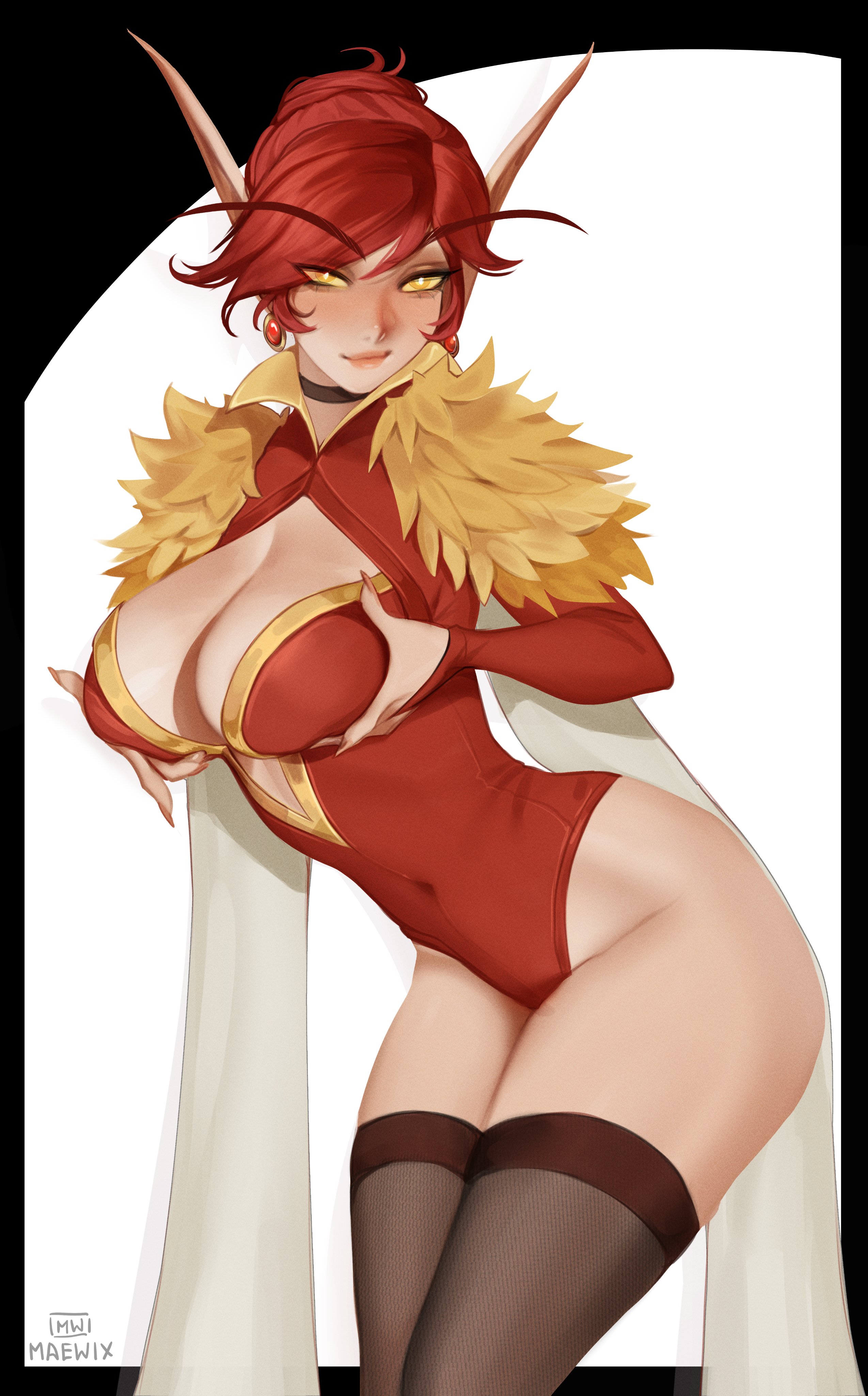 maewix (artist), original, absurdres, commentary, highres, 1girl, artist name, black border, black choker, black thighhighs, border, breasts, choker, cleavage, cleavage cutout, clothing cutout, colored sclera, covered navel, earrings, elf, eyes visible through hair, grabbing own breast, jewelry, large breasts, leaning forward, leotard, long eyebrows, long pointy ears, long sleeves, orange eyes, pointy ears, red hair, red leotard, simple background, smile, solo, thighhighs, white background, yellow sclera