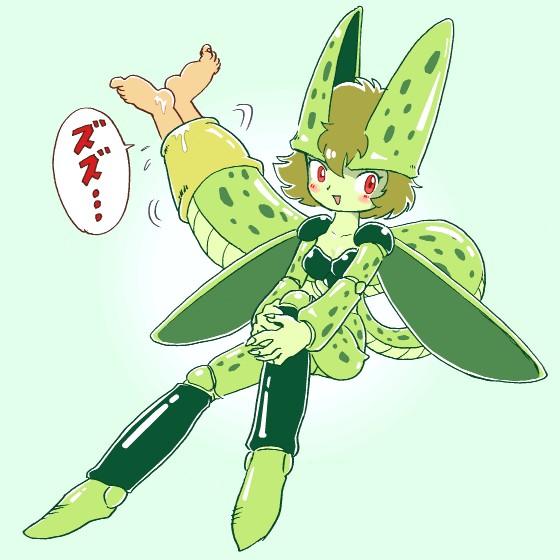 pukao, cell (dragon ball), dragon ball, dragonball z, 1girl, blush, colored skin, genderswap, genderswap (mtf), green hair, green skin, midriff, monster girl, open mouth, red eyes, smile, solo focus, tail, tail vore, vore