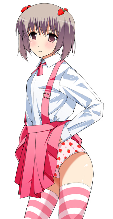yatsune rika, bad id, bad pixiv id, 1girl, blush, clothes lift, female focus, flat chest, food, food-themed clothes, food print, fruit, fruit print, grey hair, panties, pink eyes, print panties, short twintails, simple background, skirt, skirt lift, smile, solo, strawberry, strawberry panties, strawberry print, striped clothes, striped thighhighs, suspenders, thighhighs, twintails, underwear, undressing