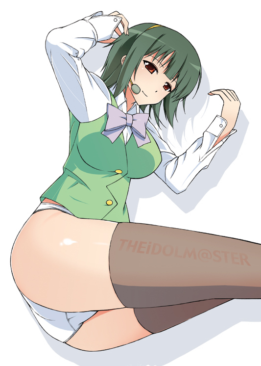 yatsune rika, otonashi kotori, idolmaster, idolmaster (classic), idolmaster 1, bad id, bad pixiv id, 00s, 1girl, ass, bow, breasts, female focus, green hair, hairband, headset, lying, on side, panties, red eyes, short hair, simple background, smile, solo, thighhighs, underwear, white panties