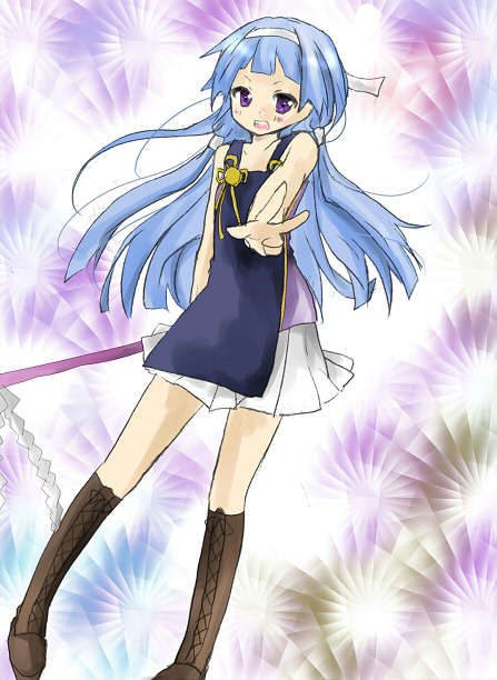 tsukiyo, tsukiyo (skymint), nagi, kannagi, 00s, blue hair, blunt bangs, long hair, purple eyes, solo, v