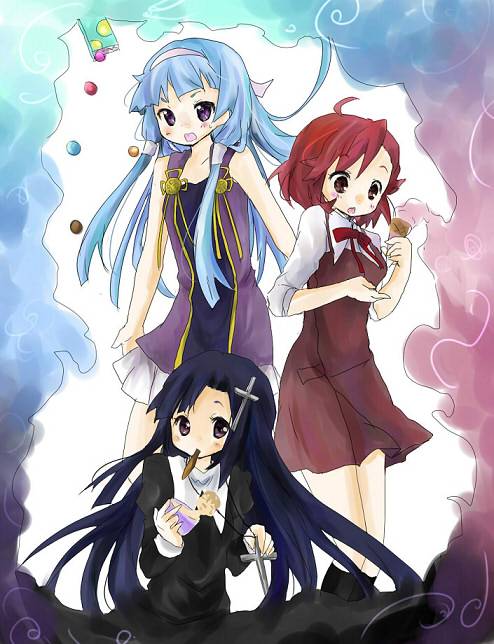 tsukiyo, tsukiyo (skymint), aoba tsugumi, nagi, zange, kannagi, 00s, 3girls, blue hair, cross, female focus, long hair, looking at viewer, multiple girls, purple eyes, purple hair, red hair, school uniform, short hair, siblings, sisters