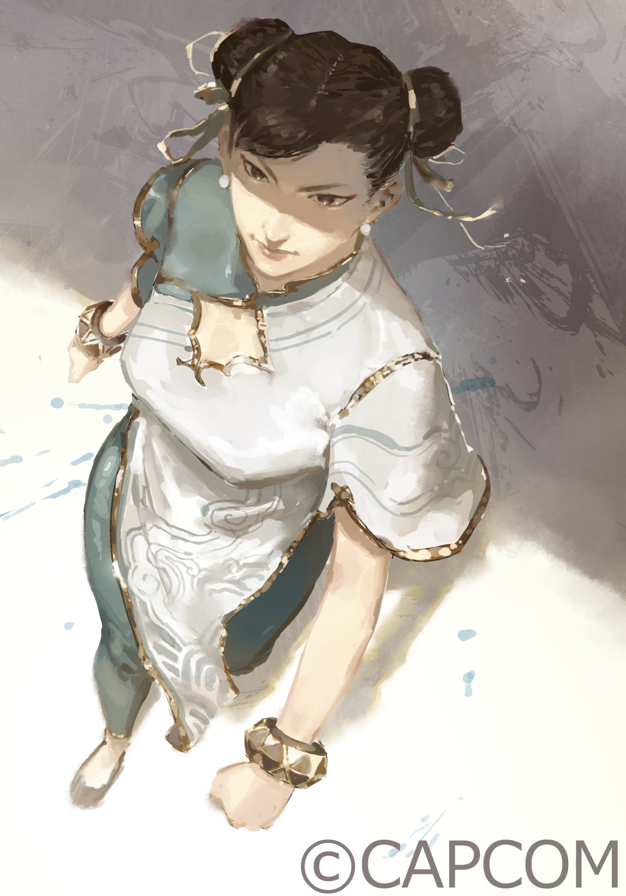 chun-li, capcom, street fighter, street fighter 6, concept art, highres, official art, 1girl, black eyes, black hair, blue pants, bracelet, china dress, chinese clothes, cleavage cutout, clenched hands, clothing cutout, double bun, dress, fukumori (capcom), full body, hair bun, jewelry, pants, solo, walking, white dress