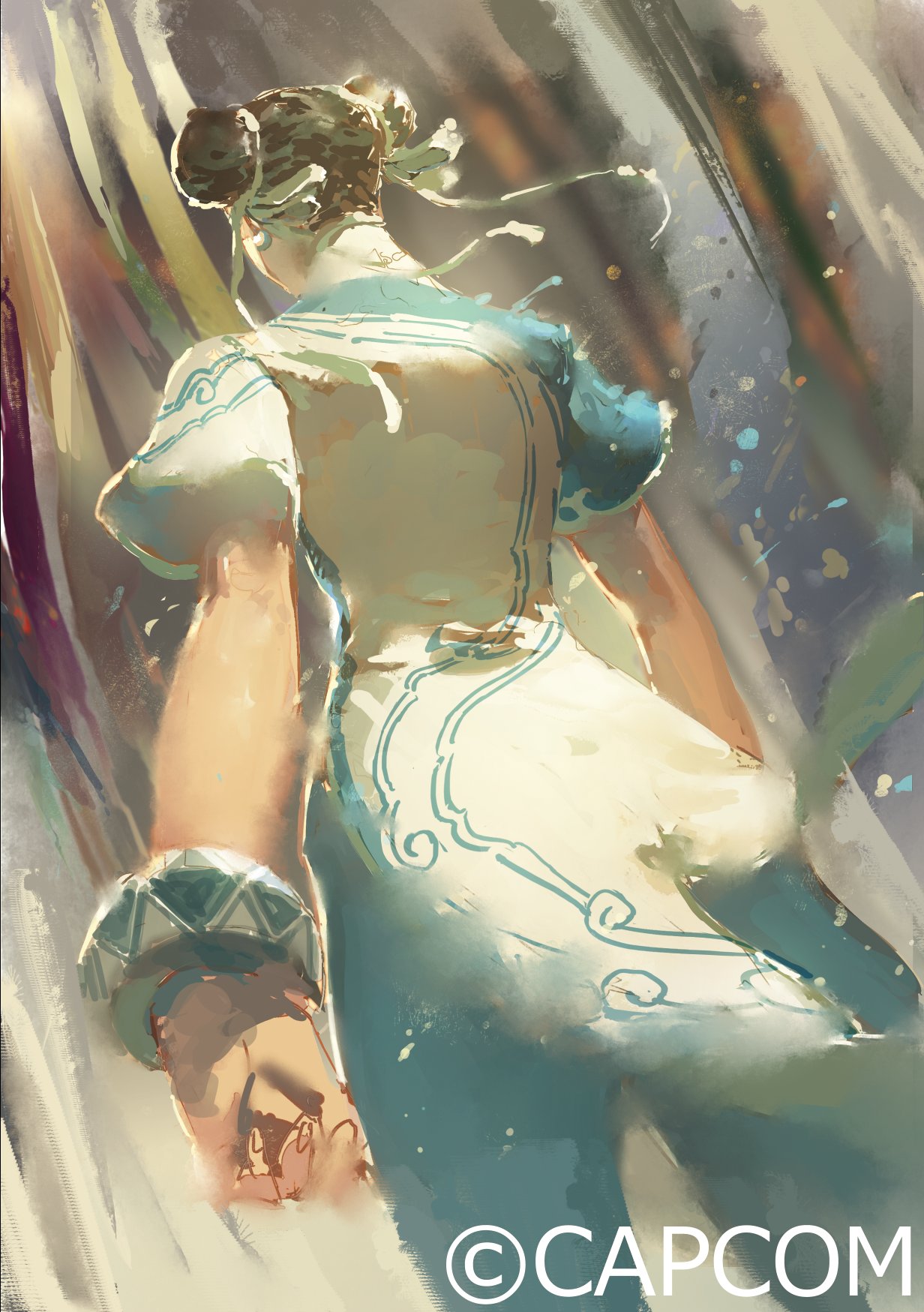 chun-li, capcom, street fighter, street fighter 6, commentary, concept art, highres, official art, 1girl, black hair, blue pants, bracelet, china dress, chinese clothes, cleavage cutout, clothing cutout, double bun, dress, from behind, fukumori (capcom), full body, hair bun, jewelry, pants, solo, walking, white dress