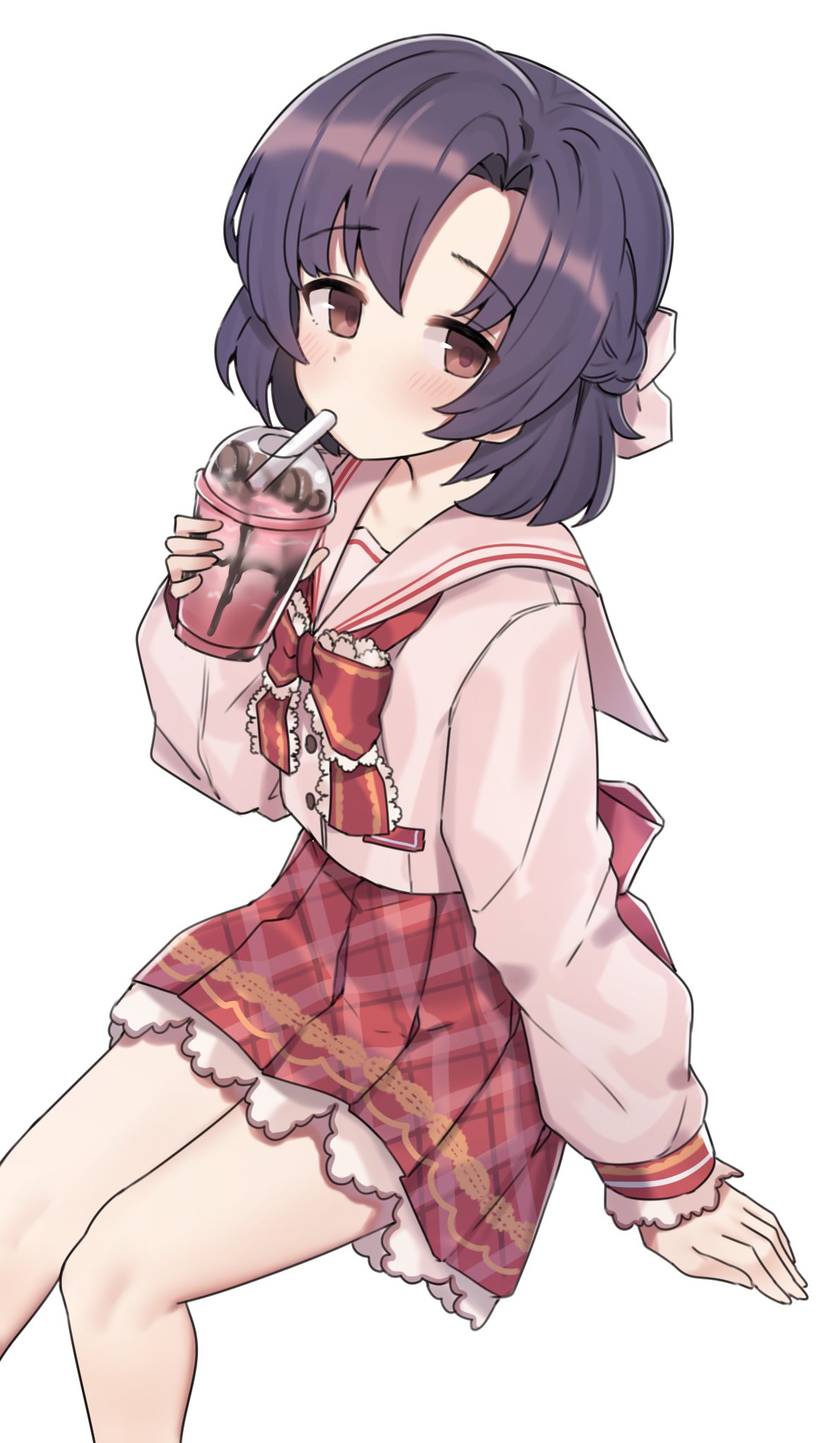 aa211108, shiragiku hotaru, idolmaster, idolmaster cinderella girls, commission, highres, second-party source, 1girl, blush, brown eyes, drink, drinking, looking at viewer, purple hair, school uniform, serafuku, short hair, simple background, skirt, solo, white background