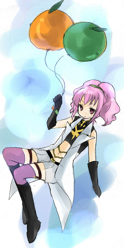 tsukiyo, tsukiyo (skymint), anya alstreim, code geass, 00s, balloon, cape, gloves, midriff, pink hair, solo, thighhighs