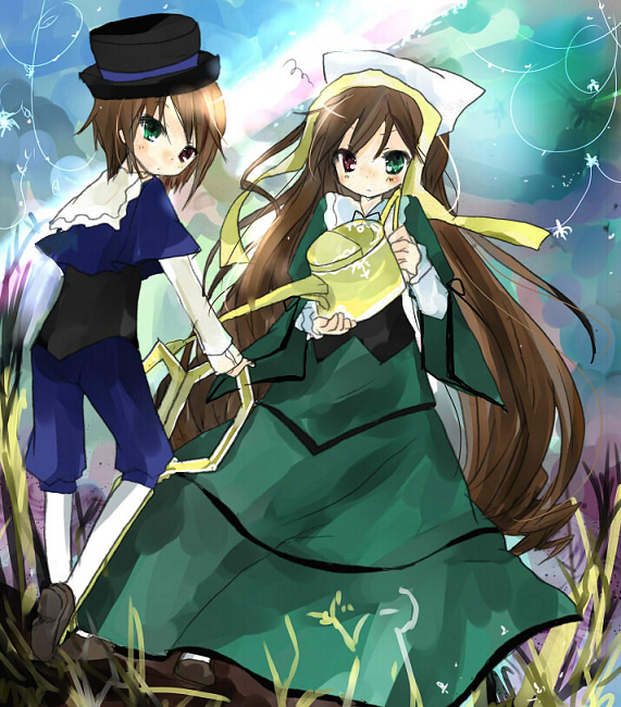 tsukiyo, tsukiyo (skymint), souseiseki, suiseiseki, rozen maiden, 00s, 2girls, brown hair, dress, hat, headscarf, heterochromia, long hair, multiple girls, pantyhose, scissors, short hair, siblings, sisters, twins, watering can, white headscarf