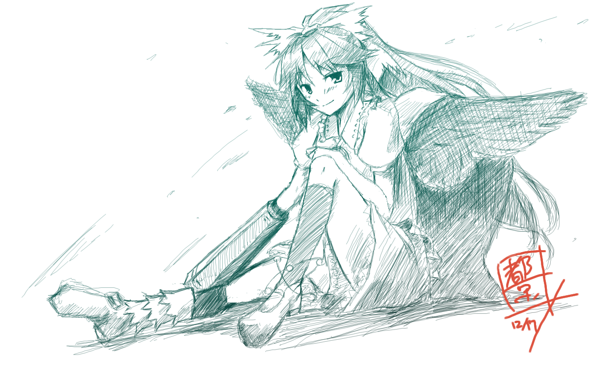 tsuga kyousuke, reiuji utsuho, touhou, bad id, bad pixiv id, 1girl, arm cannon, female focus, green theme, monochrome, sitting, sketch, solo, weapon, wings