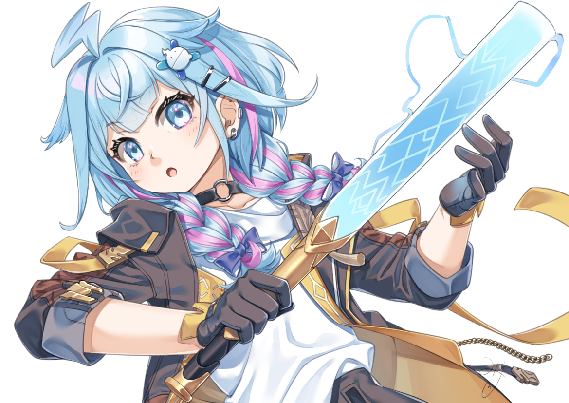 miri (ago550421), mizumiya su, stelle (honkai: star rail), trailblazer (honkai: star rail), hololive, hololive dev is, honkai: star rail, honkai (series), commentary request, 1girl, :o, ahoge, black choker, blue eyes, blue hair, bow, braid, brown gloves, brown jacket, brown skirt, choker, collarbone, cosplay, dutch angle, gloves, hair bow, hair ornament, hair over shoulder, hairclip, holding, holding sword, holding weapon, jacket, long hair, long sleeves, looking at viewer, low twintails, multicolored hair, o-ring, o-ring choker, open clothes, open jacket, open mouth, pink hair, purple bow, shirt, signature, simple background, skirt, solo, stelle (honkai: star rail) (cosplay), streaked hair, sword, twin braids, twintails, upper body, virtual youtuber, weapon, white background, white shirt