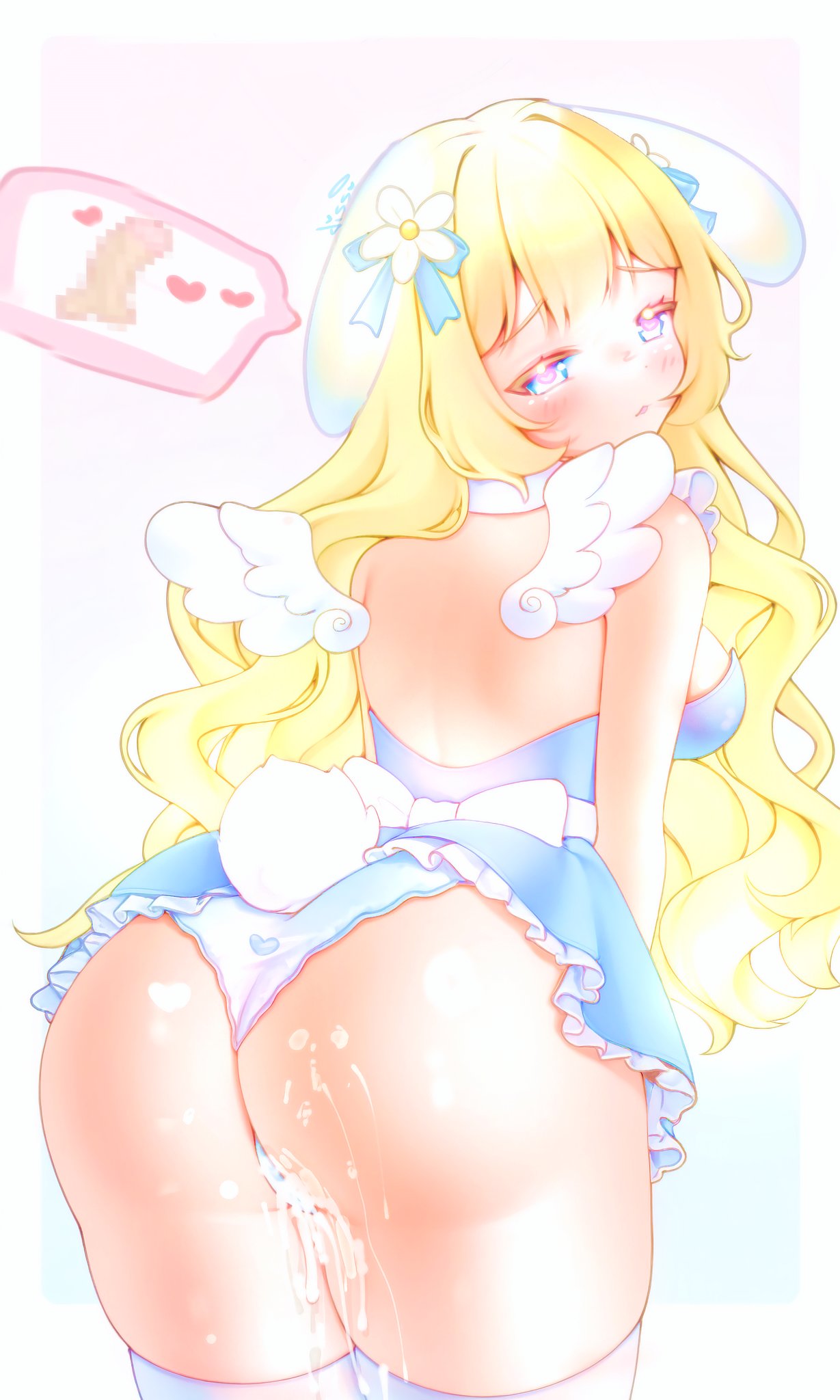 dissociatedcat, original, commentary, english commentary, highres, 1girl, animal ears, ass, back, blonde hair, blue dress, blue eyes, blue ribbon, blush, border, breasts, censored, choker, closed mouth, cowboy shot, cum, cum on ass, cum on body, cum on legs, cumdrip, dress, flower, from behind, hair flower, hair ornament, hair ribbon, heart, heart-shaped pupils, long hair, looking at viewer, looking back, medium breasts, mosaic censoring, outside border, panties, pink background, rabbit ears, rabbit girl, rabbit tail, raised inner eyebrows, ribbon, short dress, skindentation, solo, speech bubble, spoken heart, spoken penis, symbol-shaped pupils, tail, thick thighs, thighs, underwear, wavy hair, white border, white choker, white panties, white wings, wings