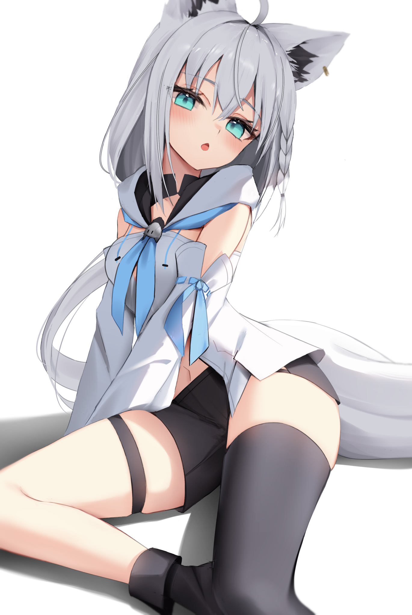 thomas 8000, shirakami fubuki, shirakami fubuki (1st costume), hololive, commentary, highres, 1girl, ahoge, animal ear fluff, animal ear piercing, animal ears, aqua eyes, asymmetrical legwear, black shorts, blue neckerchief, braid, braided sidelock, breasts, chestnut mouth, cleavage, crossed bangs, detached sleeves, drawstring, fox ears, fox girl, fox tail, hood, hood down, hooded vest, hoodie, long hair, looking at viewer, mismatched legwear, navel peek, neckerchief, short shorts, shorts, side braid, simple background, single braid, single thighhigh, small breasts, solo, tail, thigh strap, thighhighs, vest, virtual youtuber, white background, white hair, white vest, wide sleeves