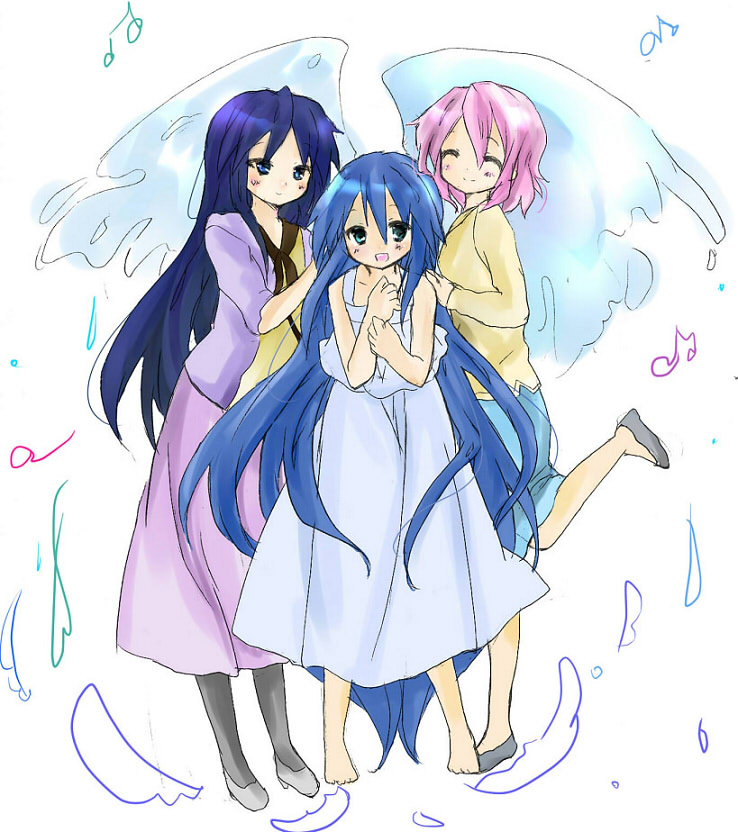 tsukiyo, tsukiyo (skymint), hiiragi miki, izumi kanata, takara yukari, lucky star, 00s, 3girls, angel, angel wings, blue eyes, blue hair, closed eyes, green eyes, long hair, mature female, multiple girls, pantyhose, pink hair, purple hair, short hair, wings