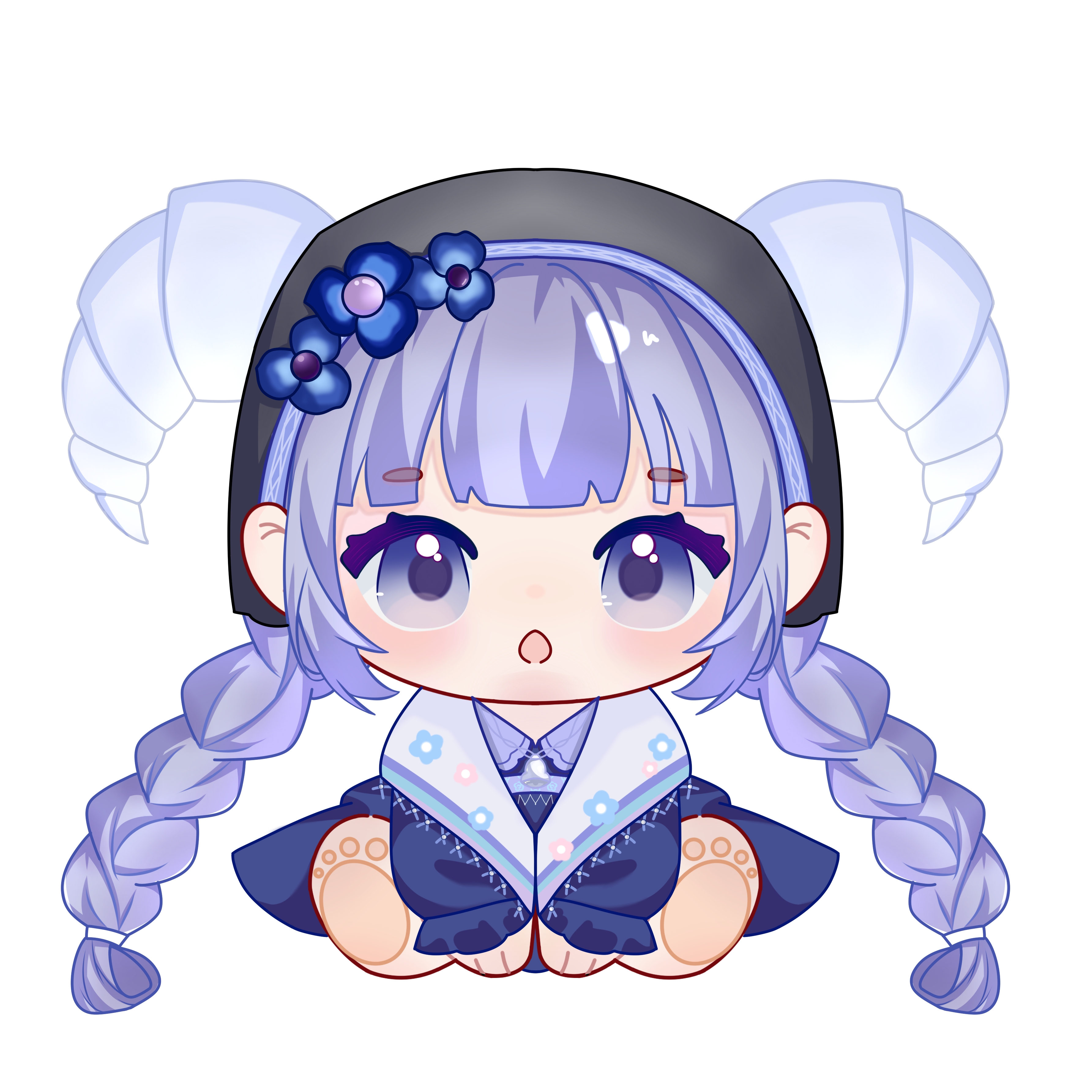 pastoral dance (infinity nikki), infinity nikki, nikki (series), absurdres, chinese commentary, commentary request, highres, 1girl, :o, absurdly long hair, animal feet, animal hands, bell, black headscarf, blue dress, blue flower, blunt bangs, braid, chibi, collared dress, country lolita, double-parted bangs, dress, eyelashes, floral print, flower, frilled dress, frills, fringe trim, goat horns, hair flower, hair ornament, hair rings, hands on lap, headscarf, horns, horns through headwear, human head, light blush, lolita fashion, long dress, long hair, long sleeves, low twin braids, neck bell, open mouth, pawpads, print shawl, puffy long sleeves, puffy sleeves, purple eyes, purple hair, rabbit, shawl, simple background, sitting, sleeves past wrists, solo, straight-on, tareme, translucent horns, twin braids, very long hair, white background, white horns, white shawl, xinjinjumin494498383575