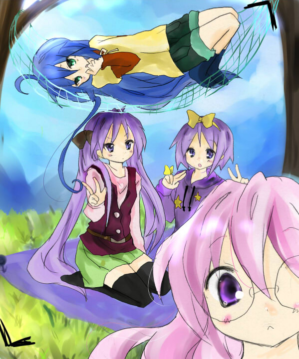 tsukiyo, tsukiyo (skymint), hiiragi kagami, hiiragi tsukasa, izumi konata, takara miyuki, lucky star, 00s, 4girls, ahoge, antenna hair, blue hair, casual, glasses, green eyes, hair ribbon, hairband, hammock, hood, hoodie, kneeling, long hair, lying, multiple girls, pink hair, purple eyes, purple hair, short hair, sisters, skirt, thighhighs, twins, twintails, v, zettai ryouiki