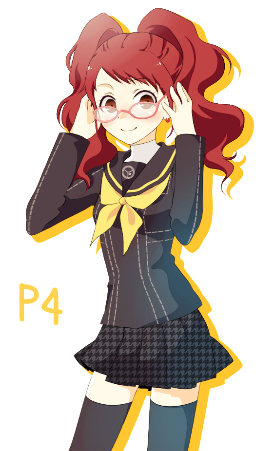 jikunyaga, kujikawa rise, atlus, persona, persona 4, bad id, bad pixiv id, 1girl, female focus, glasses, pink-framed eyewear, school uniform, solo, thighhighs