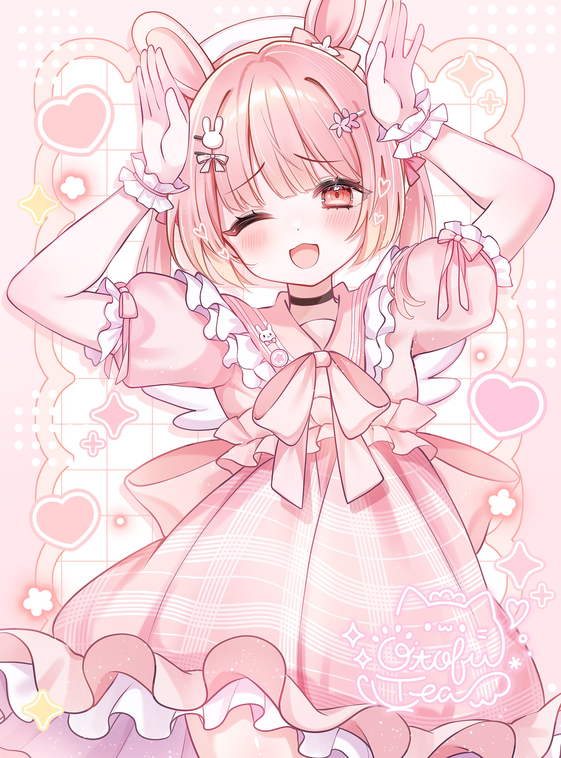 otoufu tea, kohanai momomi, indie virtual youtuber, absurdres, commentary request, commission, highres, skeb commission, 1girl, :d, animal ears, arms up, back bow, badge, black choker, blush, bow, button badge, choker, cowboy shot, diamond (shape), dot nose, dress, dress bow, flower, frilled dress, frilled sailor collar, frilled wrist cuffs, frills, hair bow, hair flower, hair intakes, hair ornament, hat, heart, looking at viewer, one eye closed, open mouth, pink background, pink bow, pink dress, pink eyes, pink flower, pink hair, pink sailor collar, puffy short sleeves, puffy sleeves, rabbit ears, rabbit hair ornament, rabbit pose, sailor collar, short dress, short hair, short sleeves, sidelocks, signature, sleeve bow, smile, solo, two side up, virtual youtuber, white hat, white wings, wings, wrist cuffs