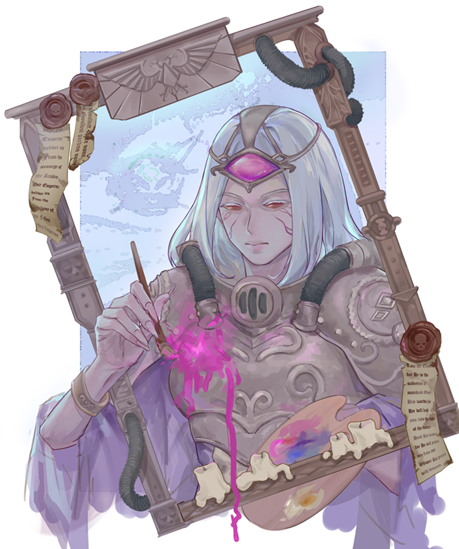 warhammer 40k, warhammer 40k: rogue trader, 00sage, 1girl, armor, bracelet, breastplate, candle, cassia orsellio, cropped torso, facial mark, fingernails, holding, holding paint palette, holding paintbrush, jewelry, paint palette, paintbrush, painting (action), pauldrons, picture frame, red eyes, sharp fingernails, short hair, shoulder armor, solo, third eye, upper body, veiny face, wax seal, white background, white hair