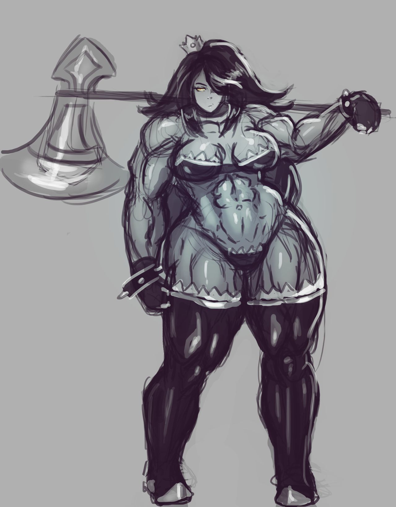 ponpu (pumpkinsinclair), erebus (breeding season), breeding season, commentary, english commentary, highres, second-party source, 1girl, 2014, abs, alternate breast size (smaller), armlet, armor, armored boots, axe, bare shoulders, battle axe, bikini armor, black gloves, black hair, black thighhighs, boots, breasts, choker, clenched hand, colored sclera, colored skin, constricted pupils, crown, female focus, fingerless gloves, full body, gloves, grey skin, hair over one eye, huge breasts, huge weapon, jewelry, legs apart, long hair, looking at viewer, muscular, muscular female, navel, over shoulder, planted, sharp teeth, simple background, spiked choker, spikes, straight hair, swept bangs, teeth, thick thighs, thighhighs, thighs, weapon, weapon over shoulder, yellow sclera