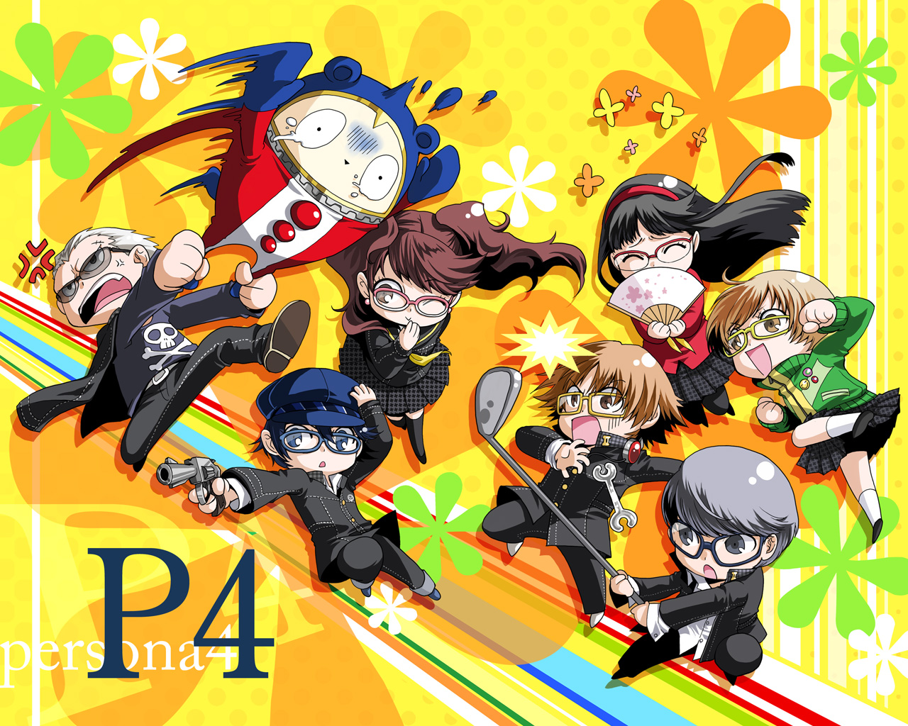 awairo, satsuki yuu (awairo), amagi yukiko, hanamura yousuke, kujikawa rise, kuma (persona 4), narukami yu, satonaka chie, shirogane naoto, tatsumi kanji, atlus, persona, persona 4, 3boys, 4girls, :>, blue-framed eyewear, chibi, closed eyes, glasses, golf club, gun, hand fan, hand on headwear, hand to own mouth, handgun, hat, multiple boys, multiple girls, pantyhose, pink-framed eyewear, red-framed eyewear, revolver, school uniform, sunglasses, thighhighs, weapon
