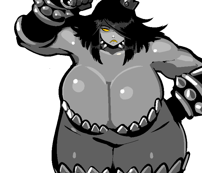 s-purple, erebus (breeding season), breeding season, commentary, revision, 1girl, 2014, abs, anger vein, angry, arm up, armlet, armor, armored boots, armpits, axe, bare shoulders, bikini armor, black hair, boots, breasts, character name, choker, clenched teeth, colored teeth, constricted pupils, cowboy shot, crown, female focus, fingerless gloves, full body, gloves, hair over one eye, hand on own hip, huge breasts, jewelry, legs together, long hair, looking at viewer, muscular, muscular female, navel, planted, sharp teeth, simple background, spiked choker, spikes, straight-on, straight hair, swept bangs, teeth, thick thighs, thighhighs, thighs, transparent background, wide hips, yellow teeth