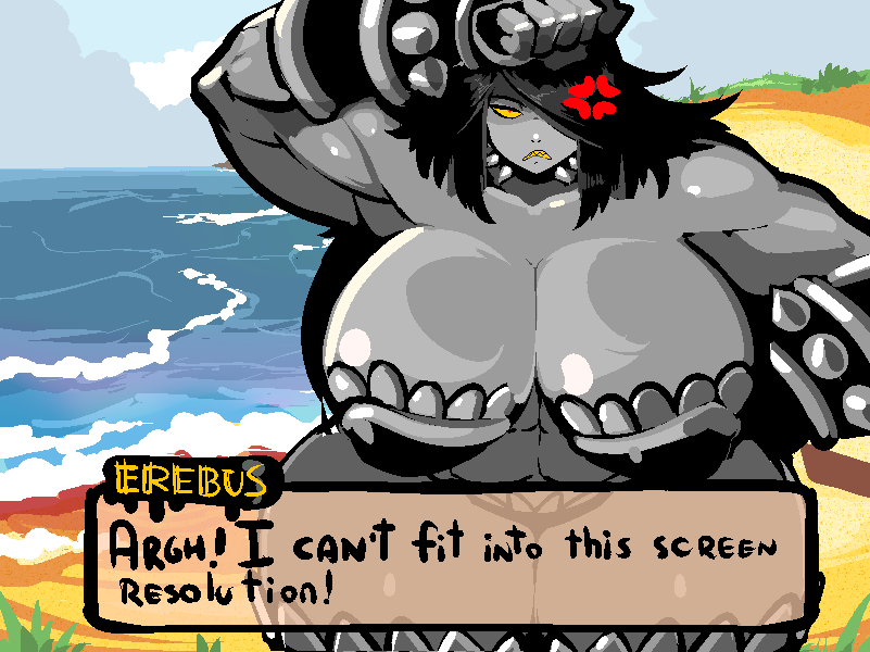 s-purple, erebus (breeding season), breeding season, commentary, hashtag-only commentary, 1girl, 2014, abs, anger vein, angry, arm up, armlet, armor, armored boots, armpits, axe, bare shoulders, bikini armor, black hair, blue sky, boots, breasts, character name, choker, clenched teeth, colored teeth, constricted pupils, cowboy shot, crown, dialogue box, female focus, fingerless gloves, full body, gameplay mechanics, gloves, hair over one eye, hand on own hip, huge breasts, jewelry, legs together, long hair, looking at viewer, muscular, muscular female, navel, ocean, outdoors, planted, sharp teeth, shore, simple background, sky, spiked choker, spikes, straight-on, straight hair, swept bangs, teeth, thick thighs, thighhighs, thighs, wide hips, yellow teeth