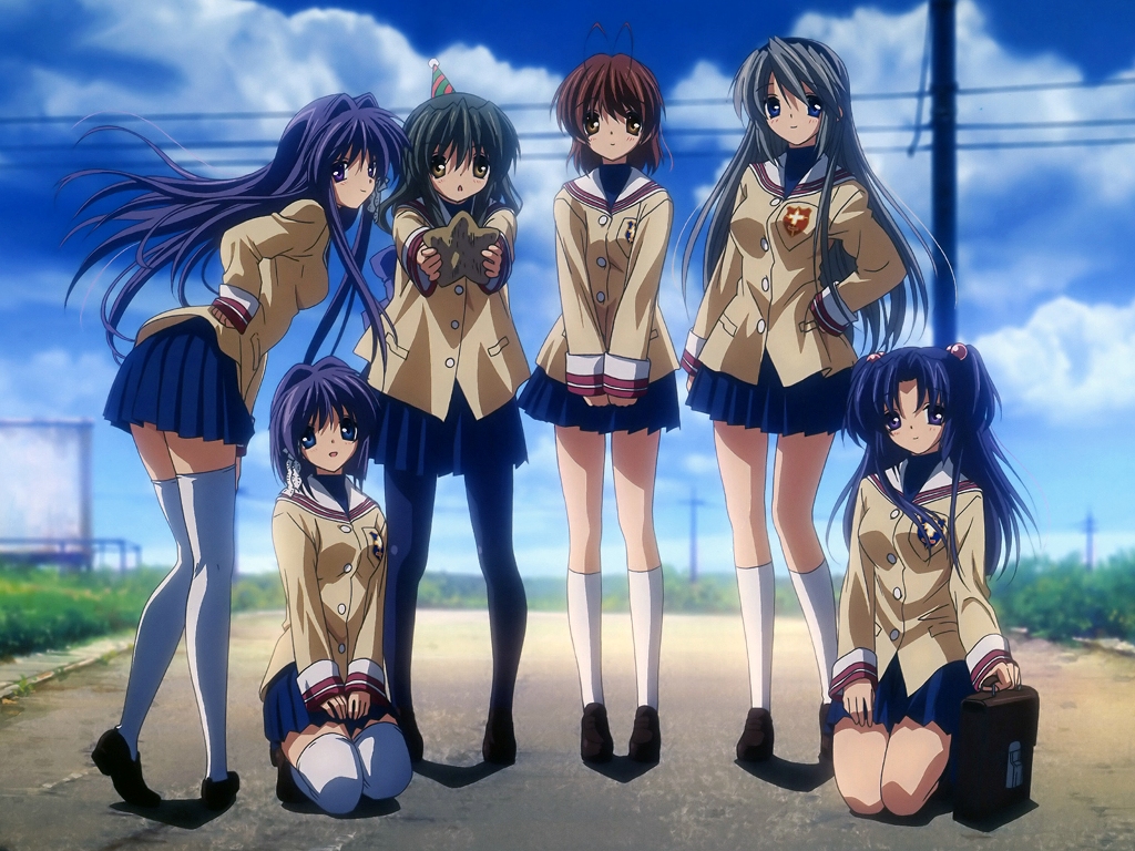 fujibayashi kyou, fujibayashi ryou, furukawa nagisa, ibuki fuuko, ichinose kotomi, sakagami tomoyo, clannad, official art, 00s, 6+girls, bag, hat, multiple girls, pantyhose, party hat, school uniform, siblings, sisters, star (symbol), thighhighs, twins