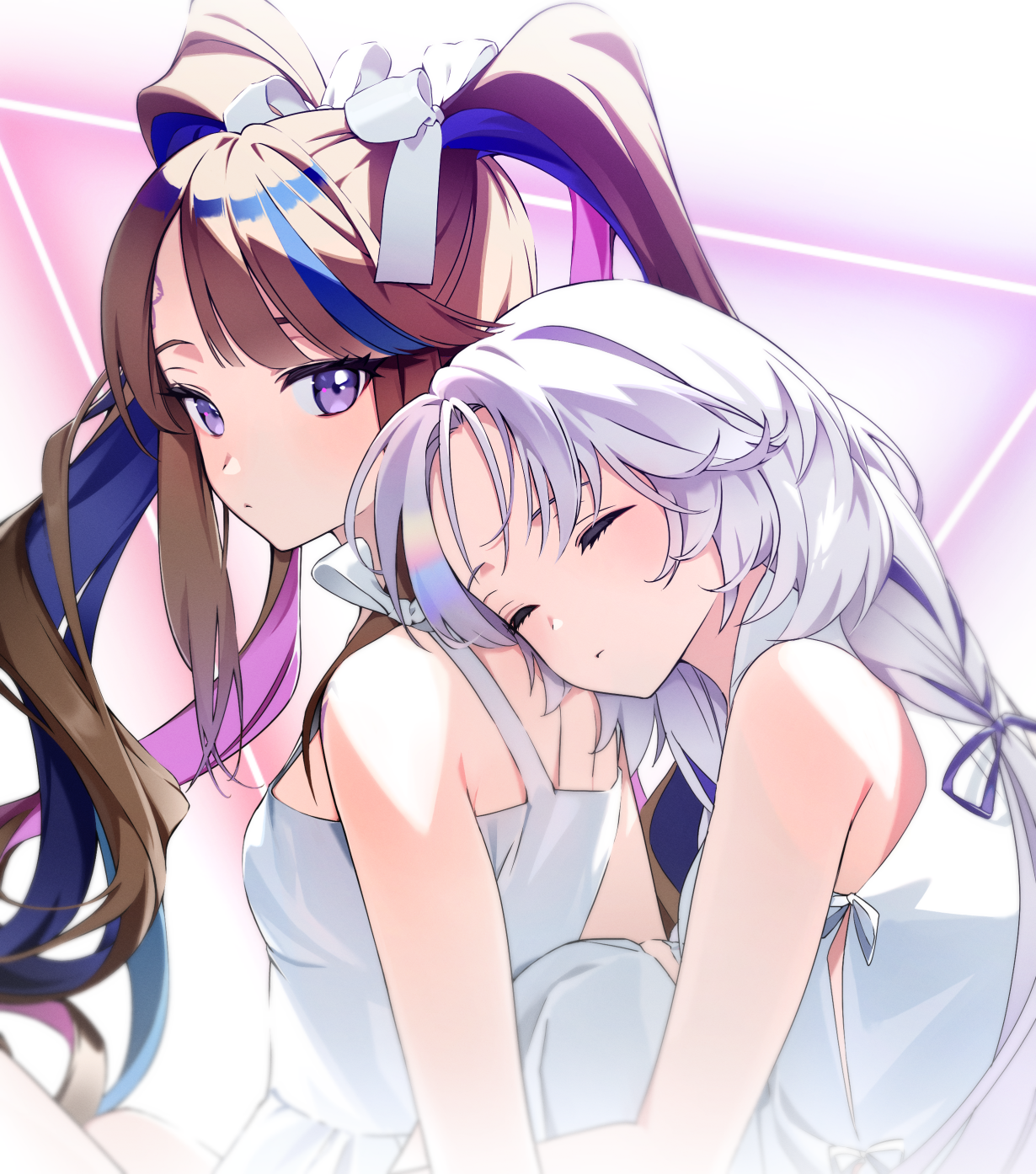 hk (hk 0507), airi kanna, ayatsuno yuni, stellive, commentary, highres, symbol-only commentary, 2girls, closed eyes, closed mouth, dress, grey hair, hair ribbon, leaning on person, long hair, looking at viewer, multicolored hair, multiple girls, purple eyes, ribbon, sleeveless, sleeveless dress, twintails, virtual youtuber, white dress, white ribbon