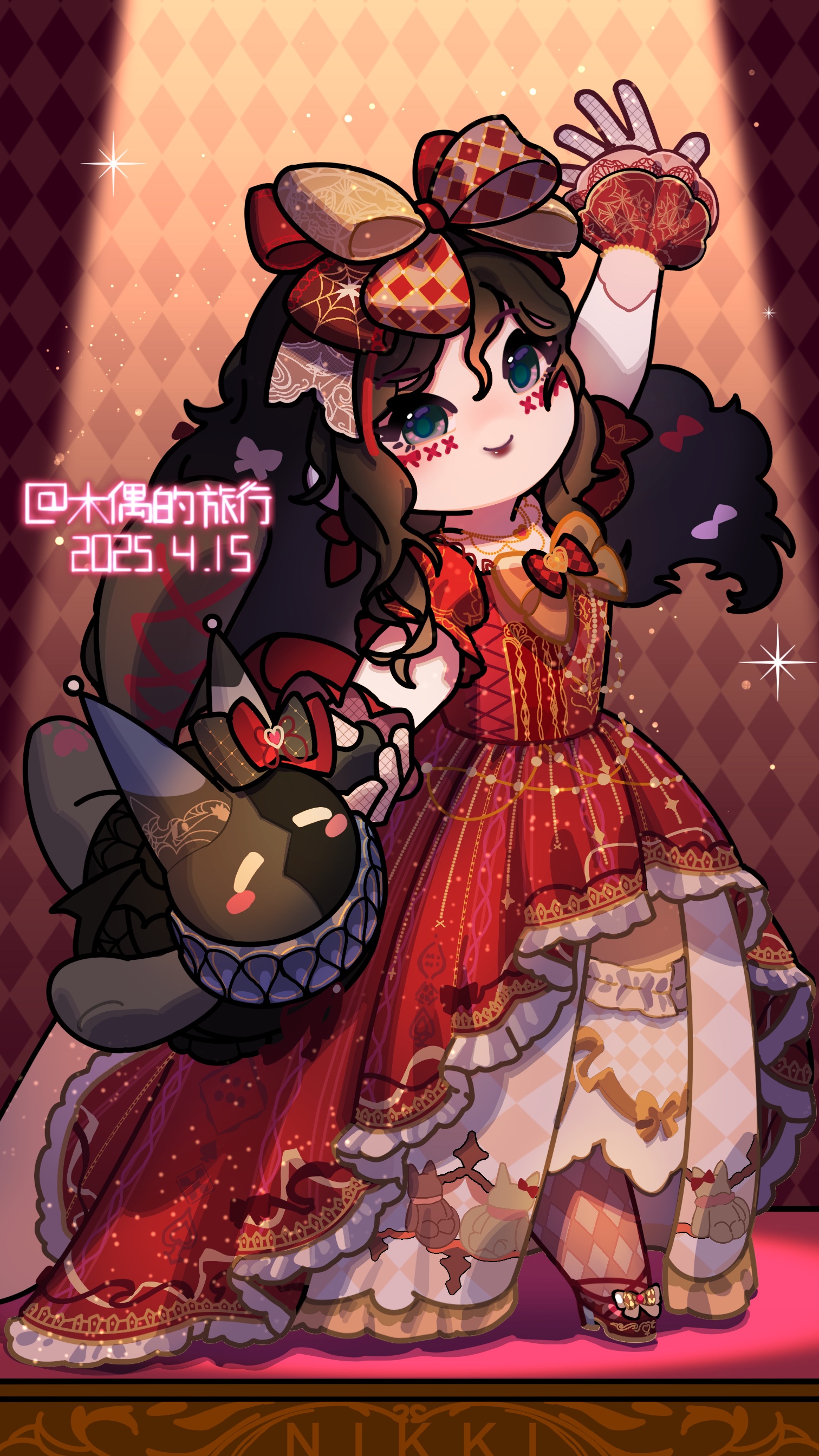 crimson rhapsody (infinity nikki), esseling (infinity nikki), felispirit sack (infinity nikki), infinity nikki, nikki (series), absurdres, commentary, english commentary, highres, 1girl, argyle background, argyle bow, argyle clothes, argyle dress, argyle pantyhose, artist name, beads, black hair, blue eyes, bow, bowtie, brooch, chibi, closed mouth, dancing, dated, dress, eyelashes, facepaint, footwear bow, frilled sleeves, frilled wrist cuffs, frills, gloves, gown, hair between eyes, hair bow, high heels, hime lolita, holding hands, jewelry, lace, lace gloves, large bow, layered dress, light particles, lipstick, lolita fashion, long dress, long hair, makeup, messy hair, multiple hair bows, necklace, outstretched arms, pantyhose, pleated dress, print dress, puffy short sleeves, puffy sleeves, red background, red bow, red bowtie, red dress, red lips, red pantyhose, red shoes, red wrist cuffs, shoes, short sleeves, smile, sparkle, spotlight, stage, standing, striped clothes, striped dress, two-tone bow, vertical-striped clothes, vertical-striped dress, very long hair, white arm warmers, white bow, white gloves, wrist cuffs, yellow bow, yellow bowtie, yemuzi