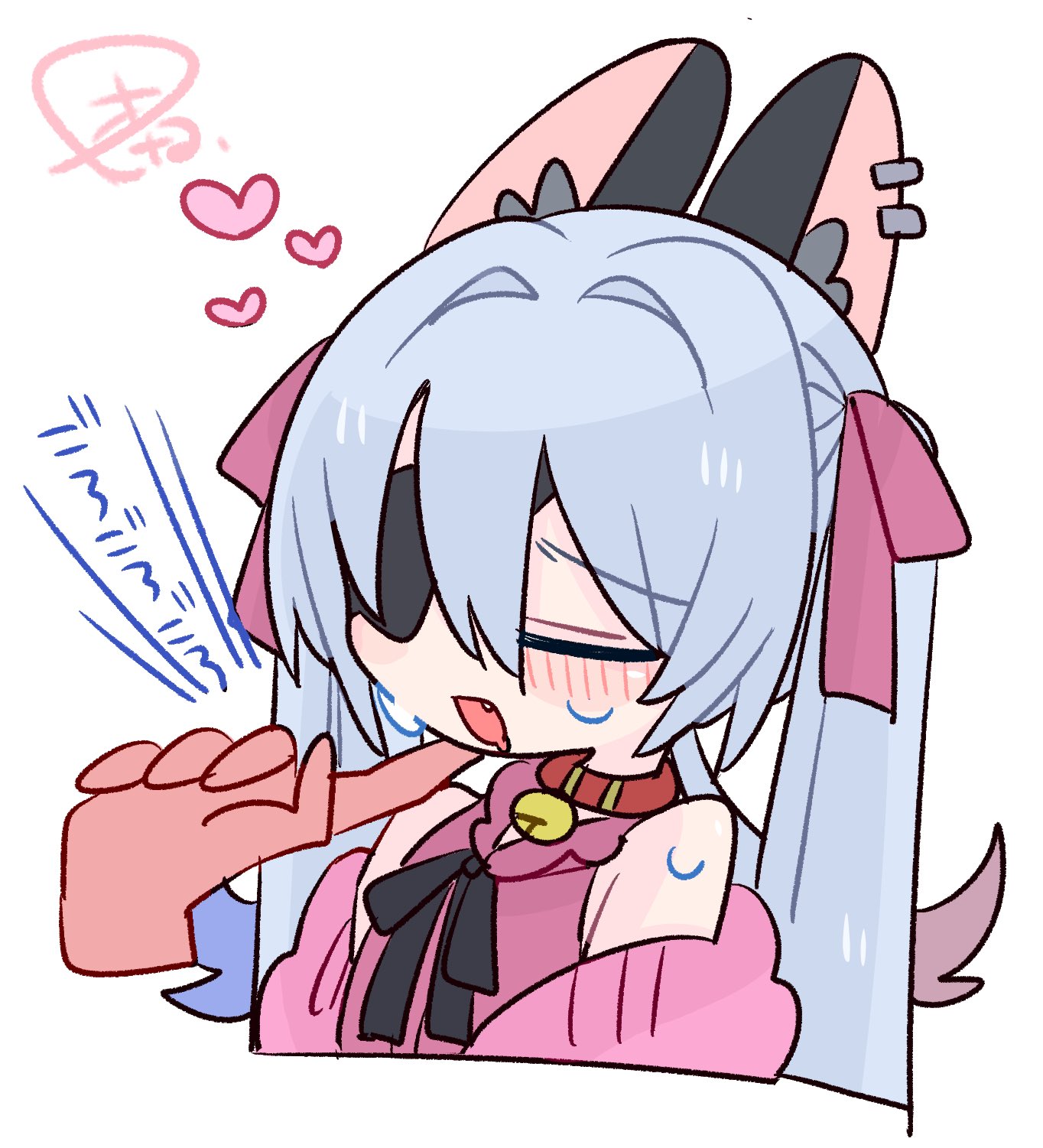 op na yarou, original, commentary, highres, translated, 1boy, animal ear fluff, animal ear piercing, animal ears, bare shoulders, bell, black ribbon, blue hair, blush, bow, cardigan, cat boy, cat ears, closed eyes, collar, colored tips, crossdressing, crossdressing (mtf), disembodied hand, double-parted bangs, drooling, eyepatch, fang, flipped hair, frilled collar, frills, hair between eyes, hair bow, hair intakes, hand on another's chin, heart, long hair, male focus, multicolored hair, neck bell, neck ribbon, no nose, off shoulder, one eye covered, open cardigan, open clothes, open mouth, pink bow, pink cardigan, pink shirt, portrait, quad tails, raised inner eyebrows, red collar, red hair, ribbon, rigel (op na yarou), shirt, sidelocks, simple background, sleeveless, sleeveless shirt, solo, straight hair, stroking another's chin, sweat, trap, watermark, white background, white hair