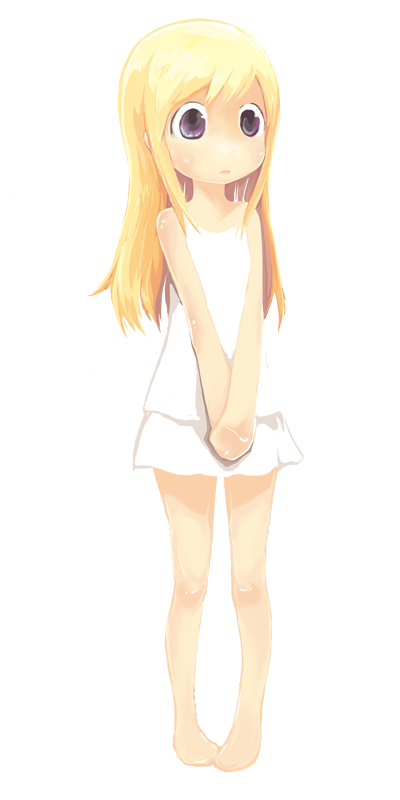hirary, ana coppola, ichigo mashimaro, 1girl, aged down, bare shoulders, barefoot, blonde hair, child, collarbone, dress, feet, female focus, flat chest, full body, long hair, simple background, solo, standing, toes, v arms, very long hair, white background
