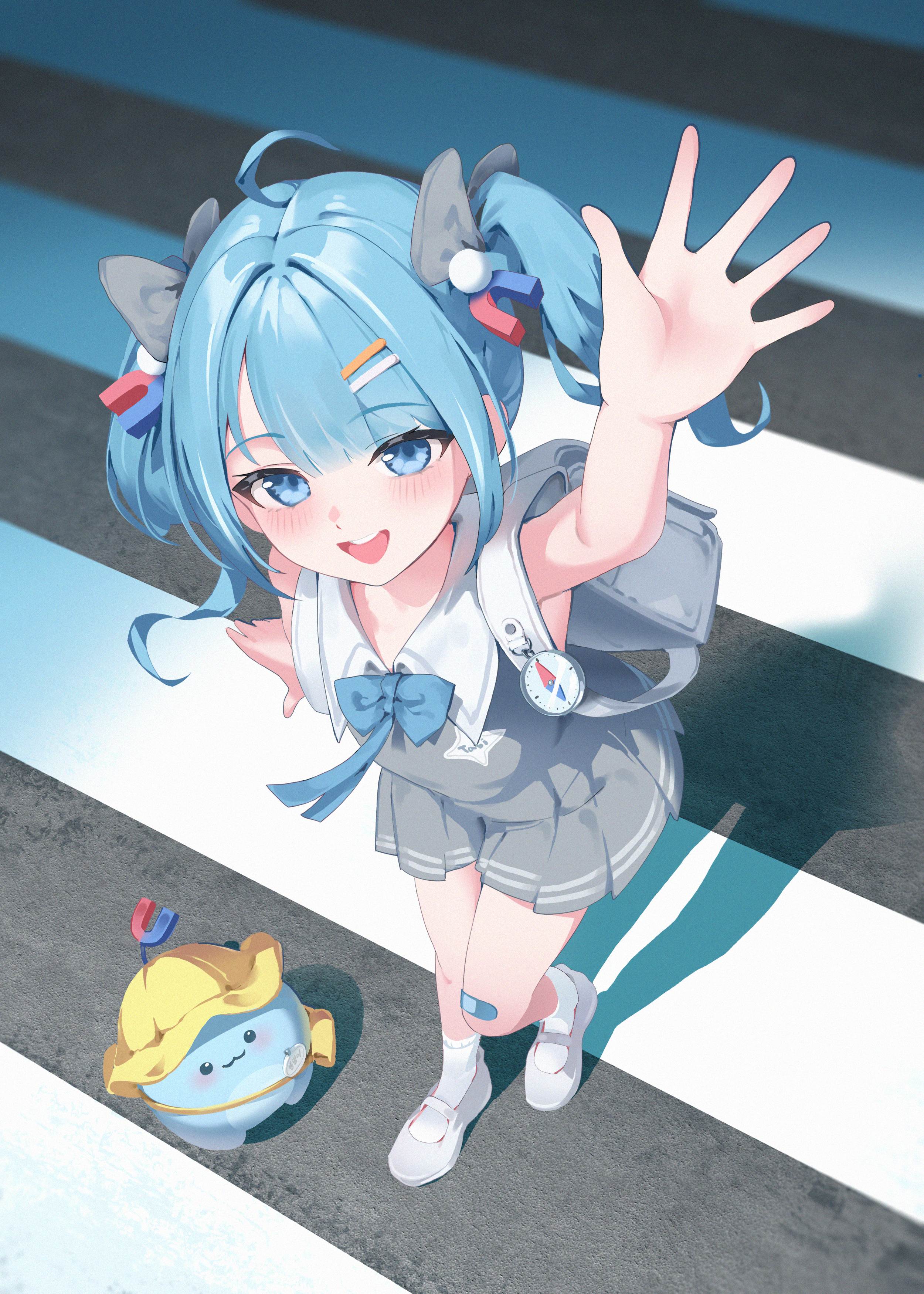 kamonari ahiru, thumbsup stella, arahashi tabi, pungdangi (arahashi tabi), stellive, absurdres, commentary, highres, 1girl, backpack, bag, bandaid, bandaid on knee, bandaid on leg, blue bow, blue bowtie, blue hair, blush, bow, bowtie, collared dress, compass, creature, crosswalk, dress, foreshortening, from above, full body, grey bow, grey dress, hair bow, hair ornament, hairclip, hat, looking at viewer, looking up, magnet hair ornament, mary janes, medium hair, open mouth, outdoors, parallel hairclips, parted lips, pleated dress, school uniform, shadow, shoes, short dress, sleeveless, sleeveless dress, smile, socks, virtual youtuber, white shoes, white socks, yellow hat