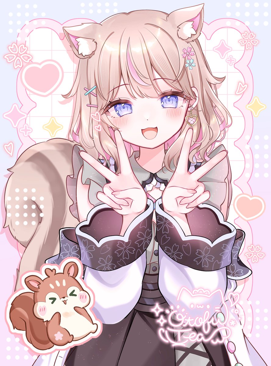 otoufu tea, indie virtual youtuber, commentary request, commission, highres, skeb commission, 1girl, :d, animal ear fluff, animal ears, black skirt, blue eyes, blush, brown hair, cardigan, colored inner hair, dot nose, double-parted bangs, double v, earrings, fingernails, floral print, flower, hair flower, hair ornament, hairclip, hands up, heart, heart earrings, jewelry, long sleeves, looking at viewer, multicolored hair, open mouth, pink streaks, purple background, sakura mimiru, short hair, sidelocks, signature, single hair streak, skirt, smile, solo, squirrel, squirrel ears, squirrel girl, squirrel tail, straight-on, tail, upper body, v, virtual youtuber, wavy hair, x hair ornament
