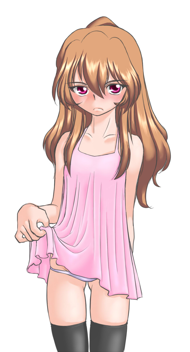 ^jj^, alpharalpha, aisaka taiga, toradora!, highres, 00s, 1girl, brown hair, female focus, lingerie, lowleg, panties, petite, red eyes, solo, thighhighs, underwear, zettai ryouiki