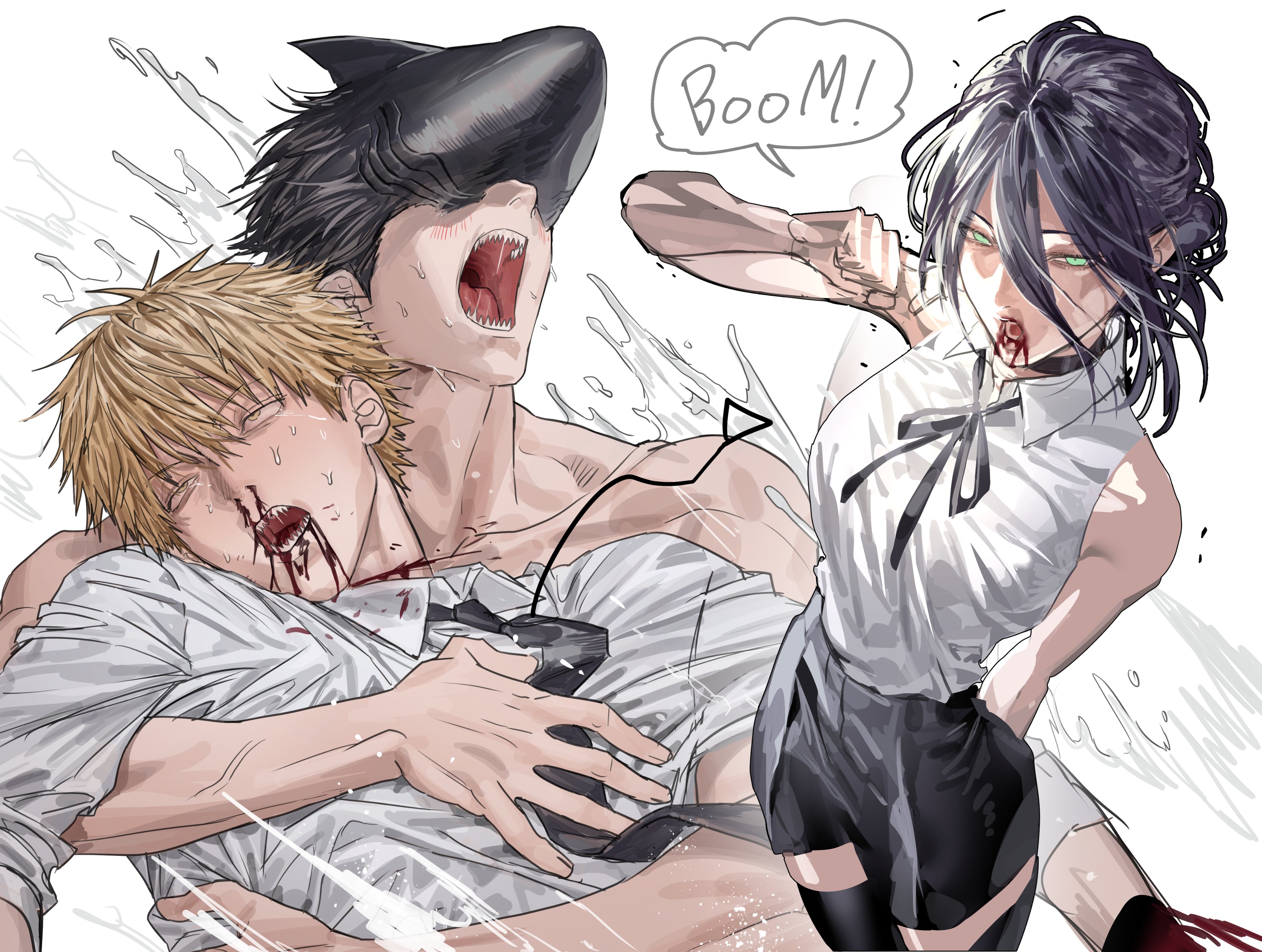 chamuring, beam (chainsaw man), denji (chainsaw man), reze (chainsaw man), chainsaw man, absurdres, highres, 1girl, 2boys, black choker, black hair, black necktie, blonde hair, blood, blood from mouth, blush, choker, collared shirt, green eyes, hair between eyes, multiple boys, necktie, nosebleed, open mouth, pull cord, shark boy, shark head, sharp teeth, shirt, short hair, speech bubble, teeth, water, white shirt, yellow eyes