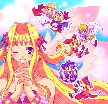 tsuyuka (sunny spot), cello (marl kingdom), cherie espoir, cornet espoir, eclair (la pucelle), ferdinand marl e, homard, princess kururu, la pucelle, little princess, marl kingdom, nippon ichi, puppet princess (marl kingdom), rhapsody, lowres, 3boys, 4girls, angel, blonde hair, dress, earrings, feathers, flipped hair, gloves, green eyes, happy, hat, jewelry, long hair, multiple boys, multiple girls, pirate, princess, purple hair, shoes, short hair, smile, white theme, wings