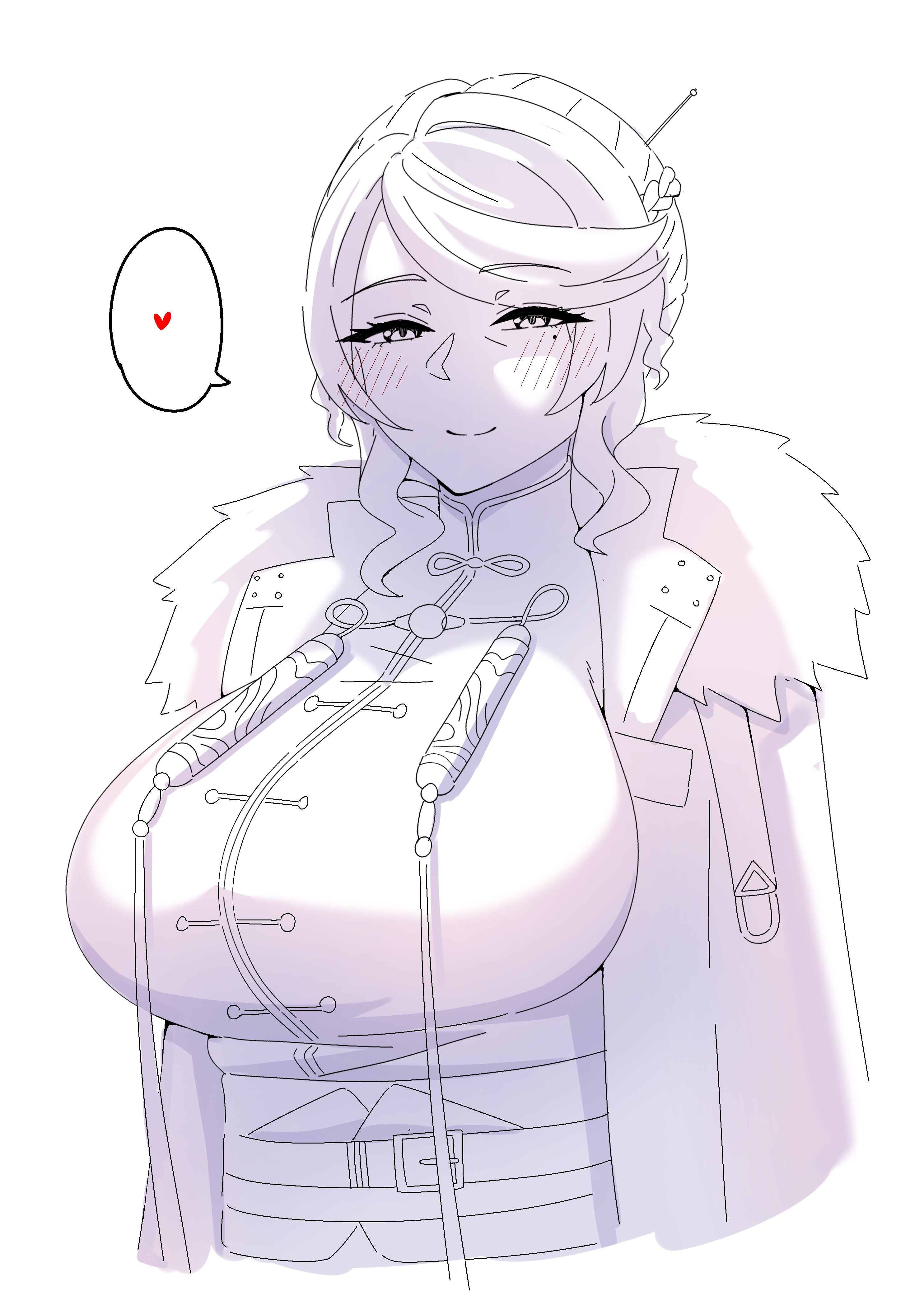 akazuan 19, xinyi (wuthering waves), wuthering waves, absurdres, highres, 1girl, blush, braid, breasts, chinese clothes, coat, cropped torso, fur-trimmed coat, fur trim, hair between eyes, hair ornament, hairpin, heart, large breasts, long sleeves, looking at viewer, medium hair, mole, mole under eye, monochrome, sidelocks, simple background, smile, solo, swept bangs, white background