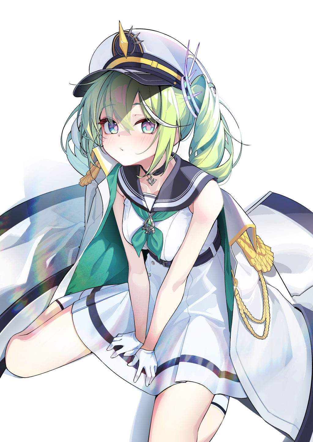 m cream01, yuzuha riko, stellive, commentary request, highres, korean commentary, variant set, 1girl, aiguillette, between legs, black choker, black sailor collar, choker, closed mouth, coat, double-parted bangs, dress, from above, gloves, green hair, green neckerchief, grey eyes, hair between eyes, hand between legs, hat, light blush, long bangs, looking at viewer, looking up, medium hair, neckerchief, sailor collar, sailor dress, sailor hat, simple background, sitting, sleeveless, sleeveless dress, solo, spread legs, twintails, unworn coat, virtual youtuber, wariza, white background, white coat, white dress, white gloves, white hat