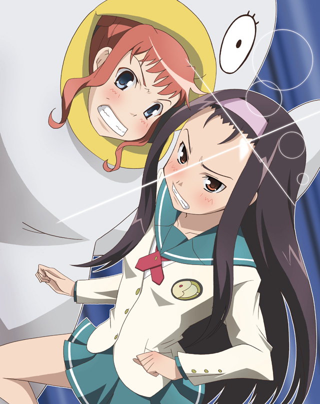 elizabeth (gintama), minase iori, takatsuki yayoi, gintama, idolmaster, idolmaster xenoglossia, non-web source, 2girls, bird, confrontation, costume, female focus, forehead, multiple girls, parody, penguin, school uniform, standing