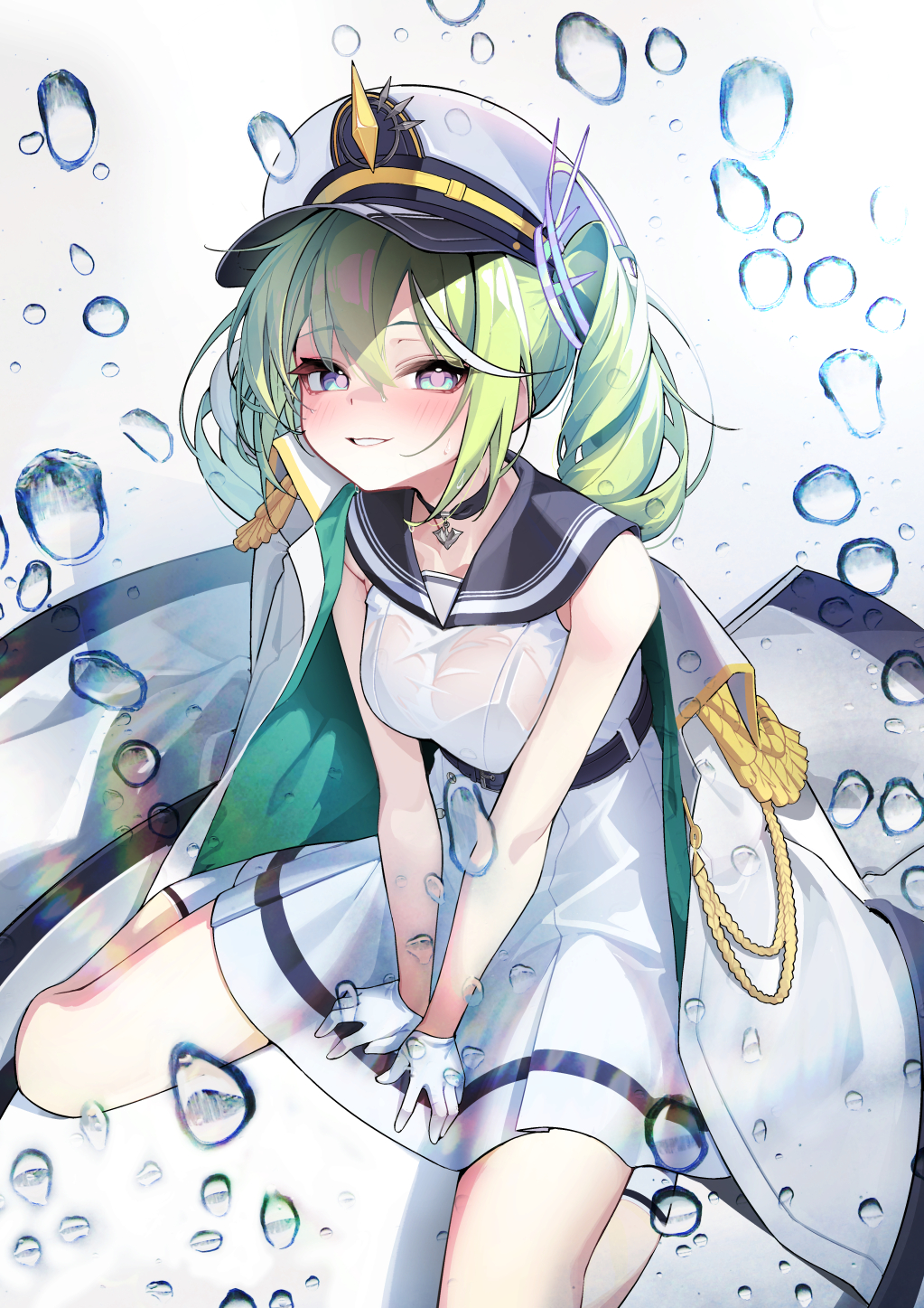 m cream01, yuzuha riko, stellive, commentary request, highres, korean commentary, variant set, 1girl, aiguillette, between legs, black choker, black sailor collar, blush, bra visible through clothes, breasts, choker, coat, double-parted bangs, dress, from above, gloves, green hair, grey eyes, grin, hair between eyes, hand between legs, hat, large breasts, long bangs, looking at viewer, looking up, medium hair, sailor collar, sailor dress, sailor hat, see-through clothes, see-through dress, simple background, sitting, sleeveless, sleeveless dress, smile, solo, spread legs, twintails, unworn coat, virtual youtuber, wariza, water drop, wet, wet clothes, wet dress, white background, white coat, white dress, white gloves, white hat